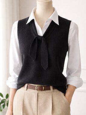 Ann Taylor 100% Cashmere Black Tie Neck Sleeveless Sweater Top Size L